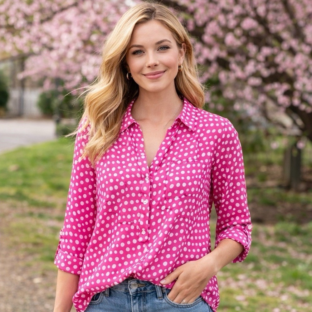 Antilia Femme Stretch Womens Top Small Pink 3/4 Sleeve Button Up Retro Chic - Picture 2 of 11